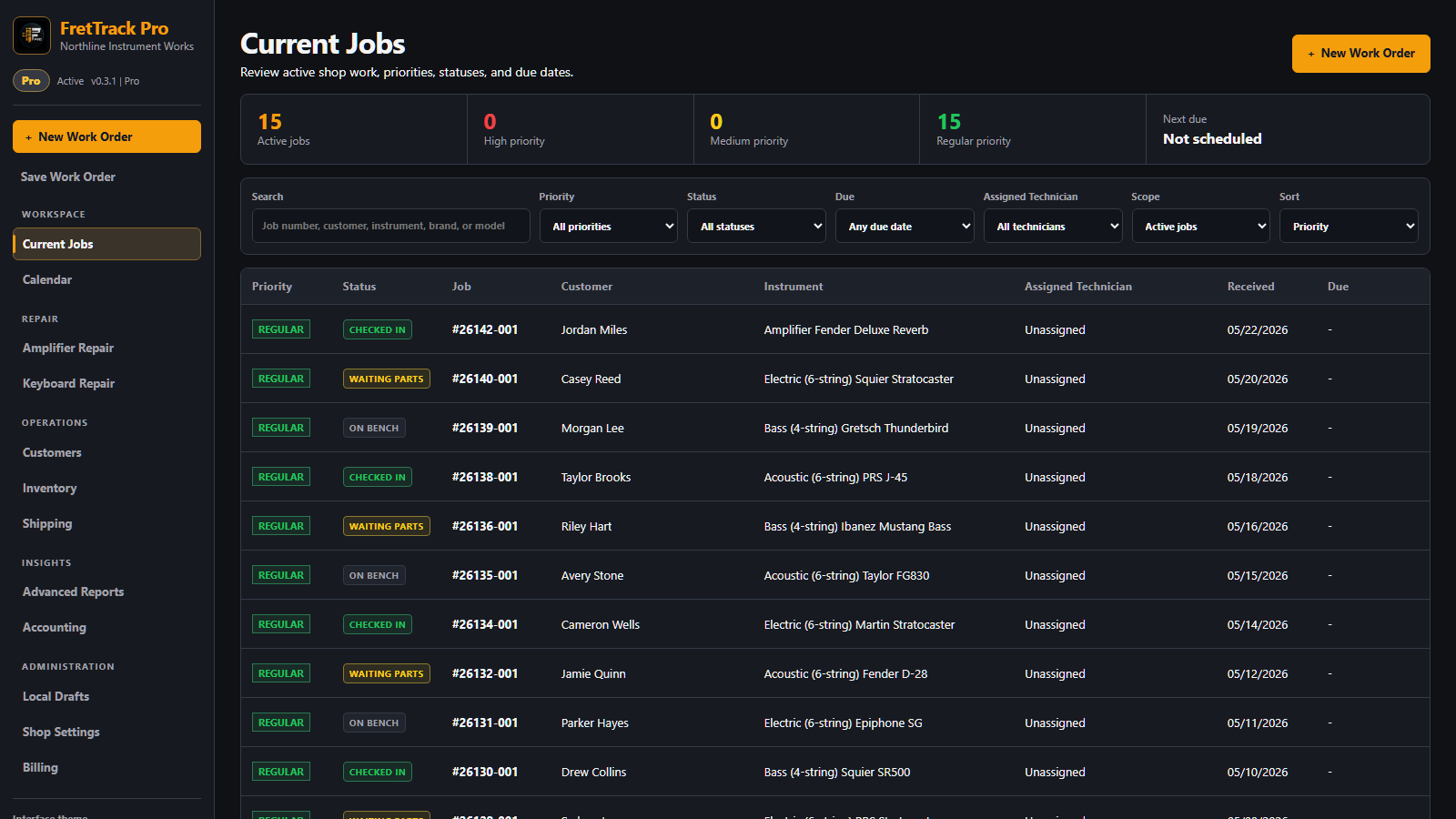 FretTrack Current Jobs workspace in the Bench Dark theme, showing the navigation rail, queue summary, filters, and active work orders.