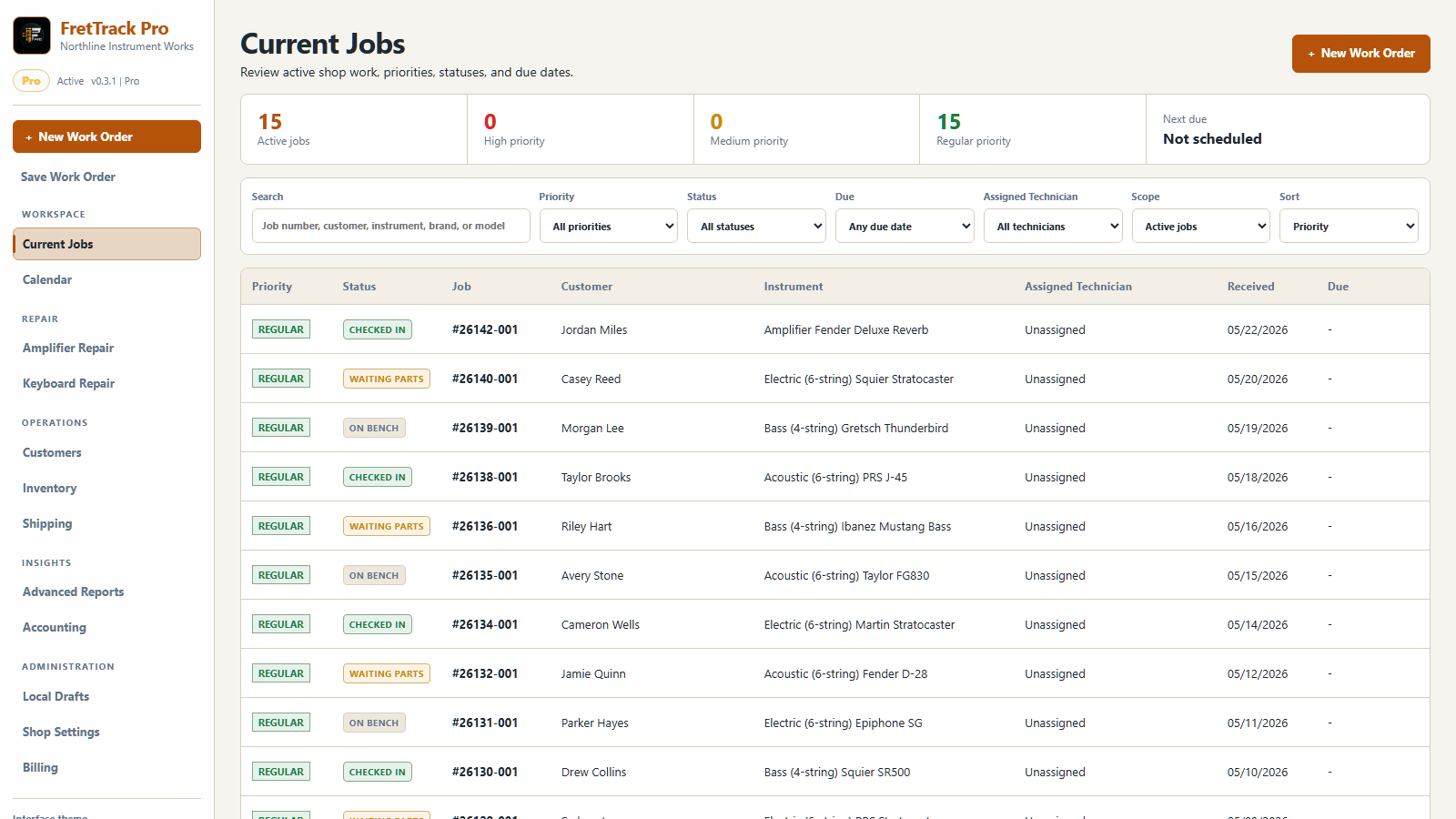 FretTrack Current Jobs workspace in the Shop Light theme with the same navigation, metrics, filters, and work-order queue.