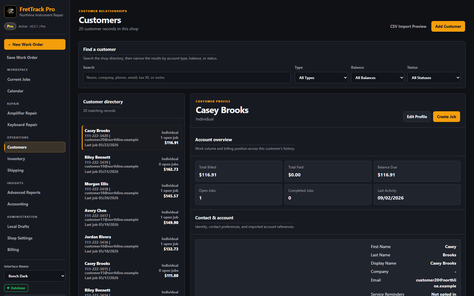 FretTrack Customers workspace showing directory search, customer records, account totals, and contact details.