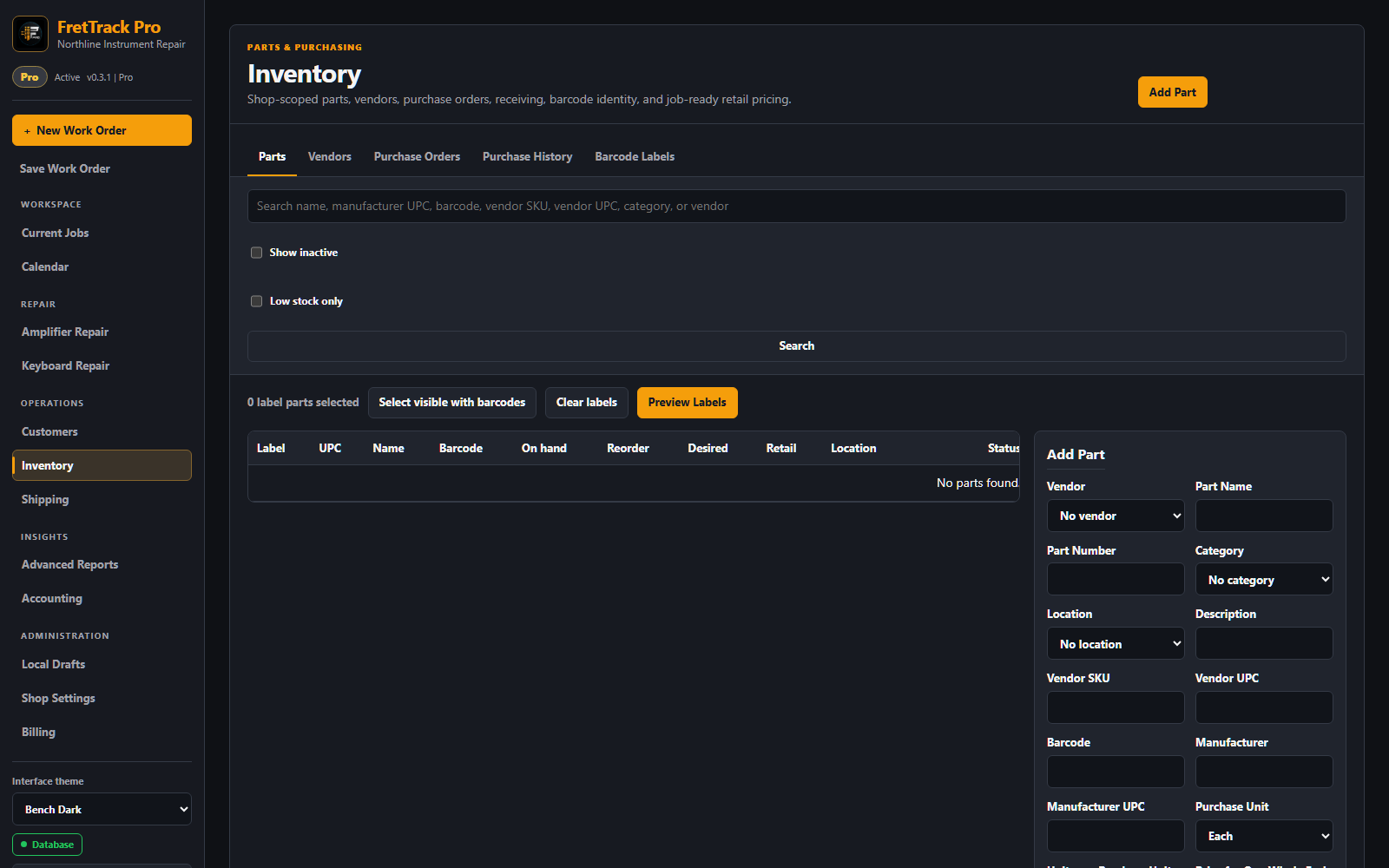 FretTrack Inventory workspace showing parts search, stock table, and part editor.