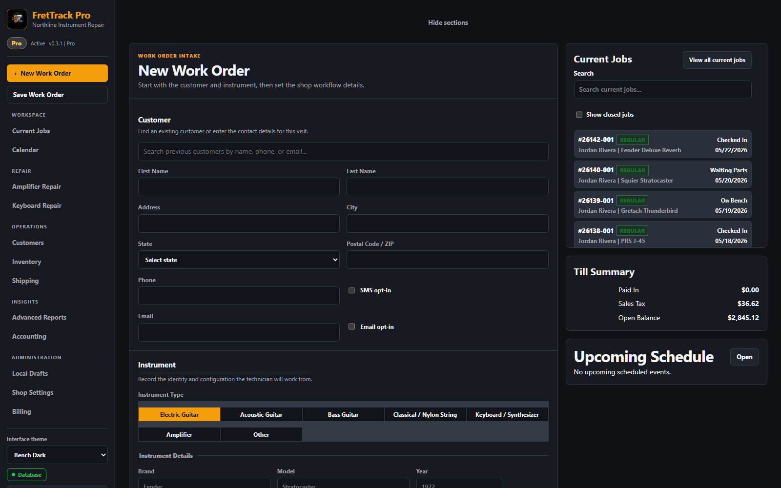 FretTrack New Work Order workspace showing grouped customer, instrument, shop workflow, and customer request sections.