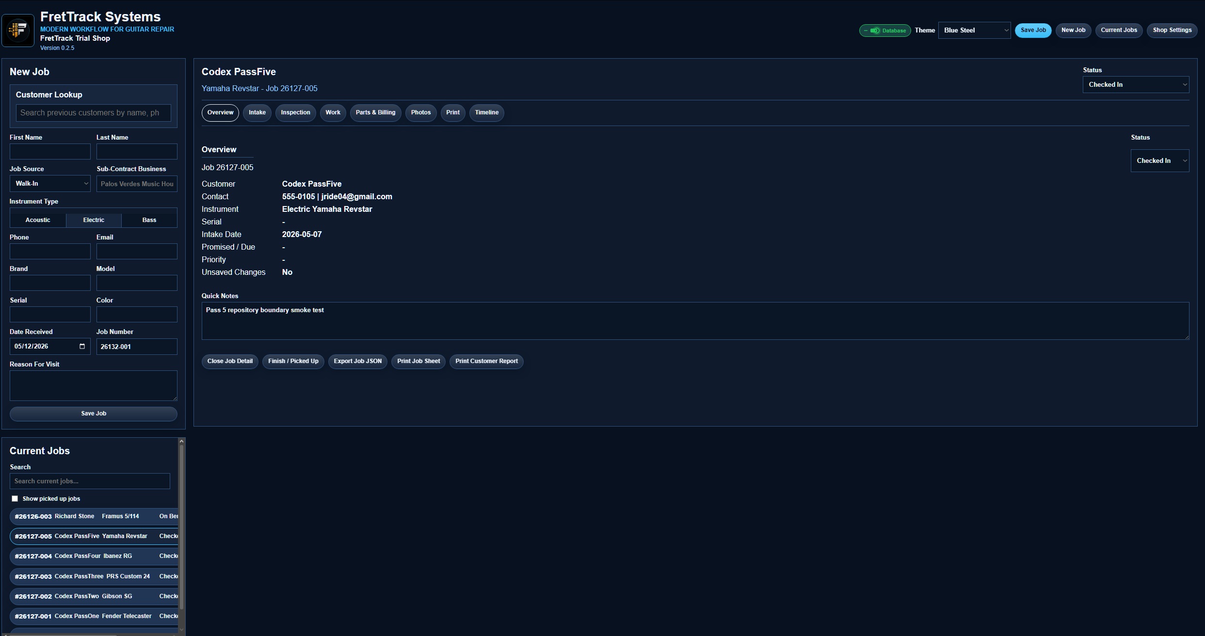 FretTrack repair shop job dashboard showing intake, job details, and current work orders.