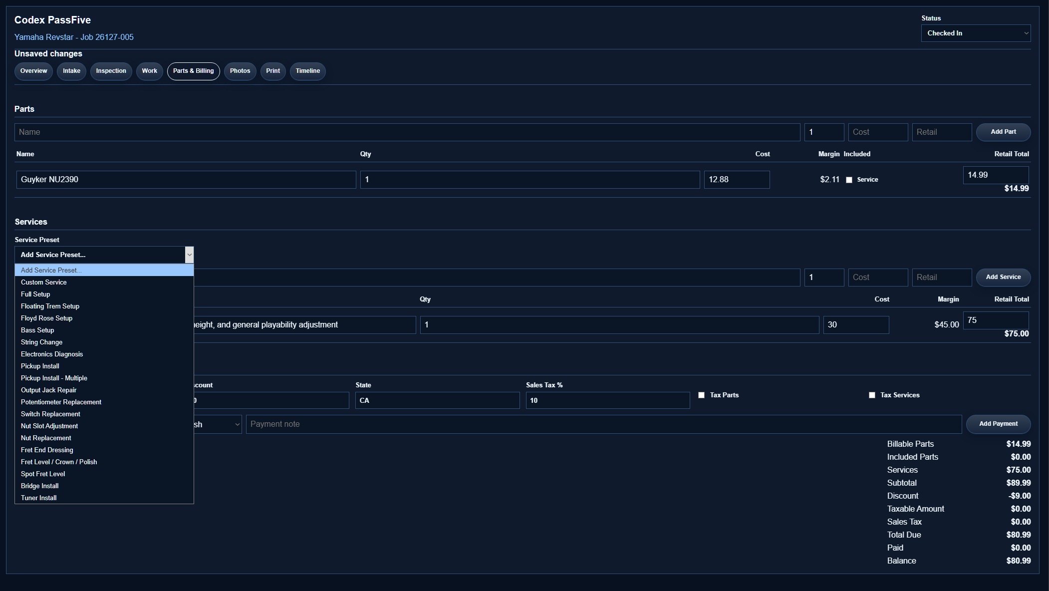 FretTrack parts, services, billing, and totals view.