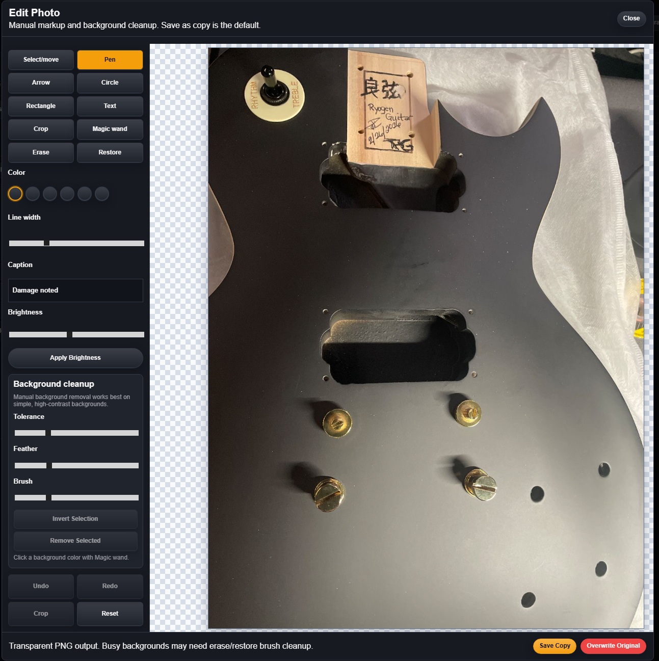 FretTrack photo editor with markup, captions, crop, brightness, and manual background cleanup controls.