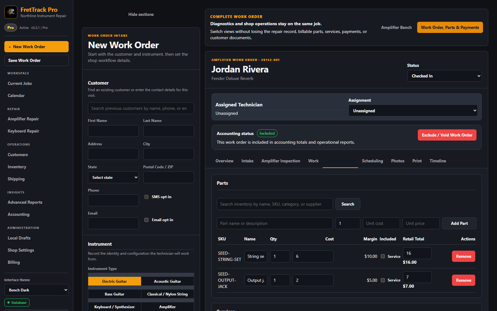 FretTrack Work Order Parts and Billing workspace showing job status, assignment, parts, services, and totals.
